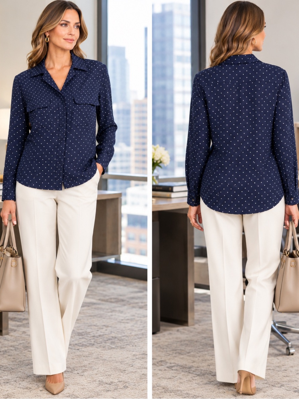 Chaus Silk Navy Polka Dot Button-Front Office Career Preppy Blouse SZ L